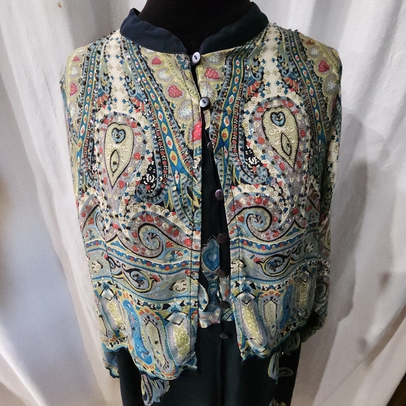 Rene Derby Top Tunic Cape Cover Womens  Multicolor Paisley Print Sequins - Picture 11 of 15